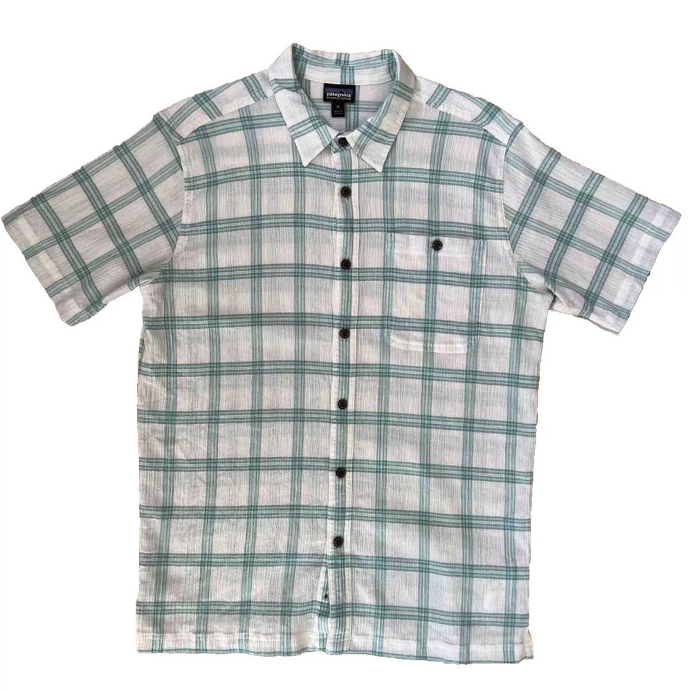 Patagonia Men Button Up Shirt XL White Green Summer Collared Short Sleeve